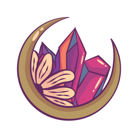 Esoteric moon with flower and crystals isolated. Bohemian crescent occult. Astrological mystical symbol. vector illustrationのイラスト素材