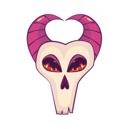 Horned esoteric skull goat with glowing eyes isolated. Mystical skull fire eye in cartoon style, celestial astrology. vector illustrationのイラスト素材