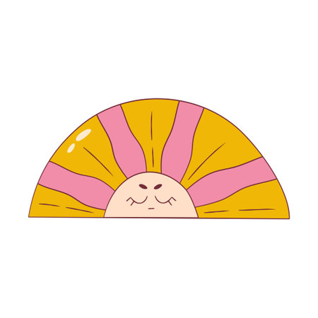Psychedelic groovy sun face isolated. Cute cartoon sun with eye groovy retro style. vector illustrationのイラスト素材