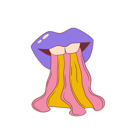 Psychedelic groovy lips isolated. Cute cartoon lips with rainbow groovy retro style. vector illustrationのイラスト素材
