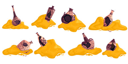 Greek broken vase in sand pile set ancient jar isolated. Ceramic broken vase with greek symbol. cartoon vector illustration. Pottery jar earthenware antique designのイラスト素材