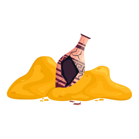 Greek broken vase in sand pile ancient jar isolated. Ceramic broken vase with greek symbol. cartoon vector illustration. Pottery jar earthenware antique designのイラスト素材