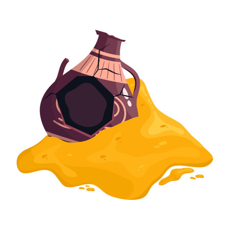 Greek broken vase in sand pile ancient jar isolated. Ceramic broken vase with greek symbol. cartoon vector illustration. Pottery jar earthenware antique designのイラスト素材
