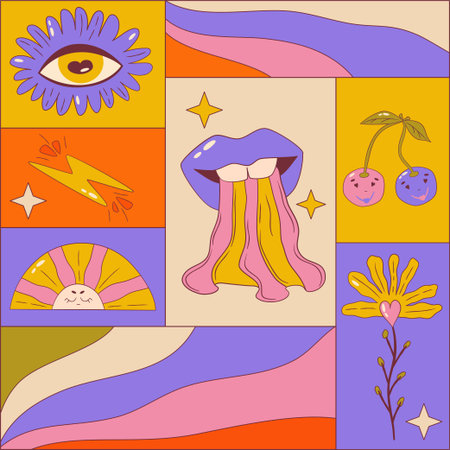 Trippy graphic poster with retro groovy elements. Poster square with lips, eye, cherry and wave. Trippy groovy 70s graphic. cartoon vector illustrationのイラスト素材
