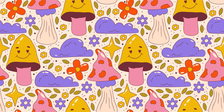 Trippy groovy flower seamles pattern. Retro groovy floral pattern with mushroom and cloud. Psychedelic cartoon design. Summer seamless background. vector illustrationのイラスト素材