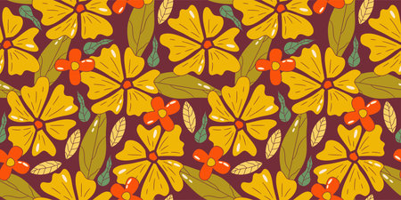 Trippy groovy flower seamles pattern. Retro groovy floral pattern with daisy and leaf. Psychedelic cartoon design. Summer seamless background. vector illustrationのイラスト素材