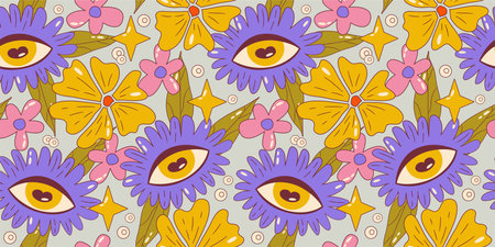 Trippy groovy flower seamles pattern. Retro groovy floral pattern with daisy and eye. Psychedelic cartoon design. Summer seamless background. vector illustrationのイラスト素材