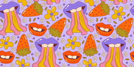 Trippy groovy flower seamles pattern. Retro groovy floral pattern with lips and strawberry....