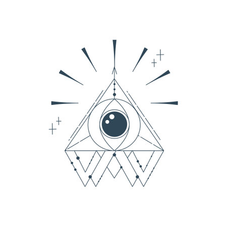 Esoteric pyramid with eye isolated. Occult mystic triangle with ray and star. Geometric esoteric symbol. Vector illustration design drawn in lines. Mystic eye in triangleのイラスト素材