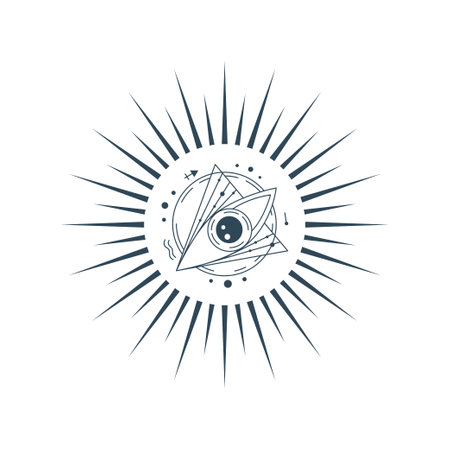 Esoteric pyramid with eye isolated. Occult mystic triangle with ray and star. Geometric esoteric symbol. Vector illustration design drawn in lines. Mystic eye in triangleのイラスト素材
