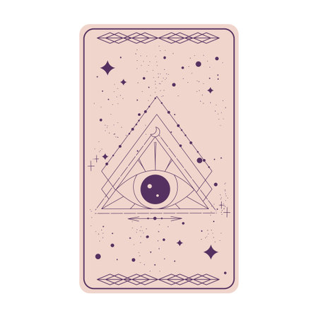 Tarot card with mystic eye pyramid isolated. Boho esoteric tarot card with eye and star. Vector illustration. Sacred geometry celestial triangleのイラスト素材