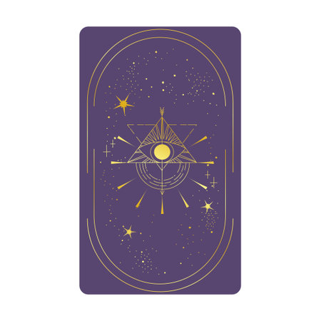 Tarot card gold set with mystic eye pyramid in frame isolated. Boho esoteric tarot card with eye and star. vector illustration. Sacred geometry celestial triangleのイラスト素材