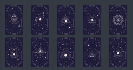 Tarot card set with mystic eye pyramid in frame isolated. Boho esoteric tarot card with eye and star. vector illustration. Sacred geometry celestial triangleのイラスト素材