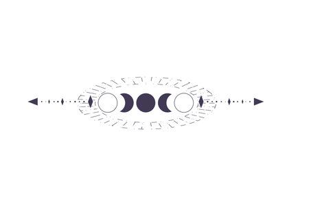 Moon Phases with celestial border isolated on white background. Mystic esoteric symbol with moon and border. Astrology cycle eclipse. vector design element.のイラスト素材