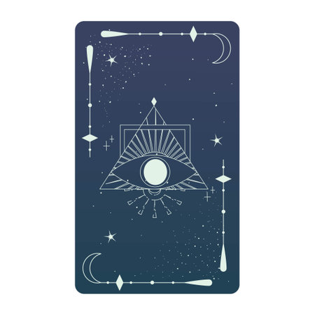 Tarot card with mystic eye pyramid and celestial border. Boho esoteric tarot card with eye and frame. vector illustration. Sacred geometry celestial triangleのイラスト素材