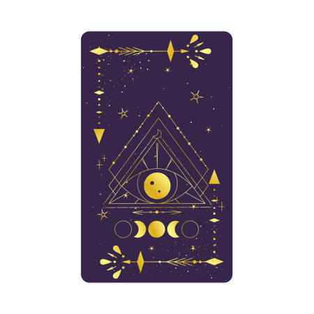 Tarot card gold with mystic eye pyramid isolated. Boho esoteric tarot card with eye and star. vector illustration. Sacred geometry celestial triangleのイラスト素材