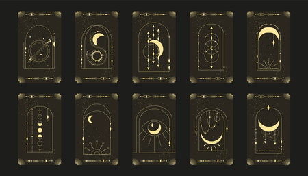 Tarot card set with mystic celestial frame. Boho esoteric tarot card with moon and frame. vector illustration. sacred geometry celestial archのイラスト素材