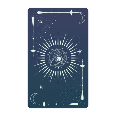 Tarot card with mystic eye pyramid and celestial border. Boho esoteric tarot card with eye and frame. Vector illustration. Sacred geometry celestial triangleのイラスト素材