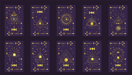 Tarot card gold set with mystic eye pyramid isolated. Boho esoteric tarot card with eye and star. Vector illustration. Sacred geometry celestial triangleのイラスト素材