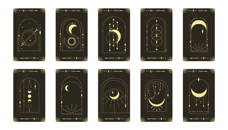 Tarot card set with mystic celestial frame. Boho esoteric tarot card with moon and frame. Vector illustration. Sacred geometry celestial archのイラスト素材
