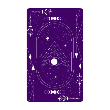 Tarot card with mystic eye pyramid and celestial border. Boho esoteric tarot card with eye and frame. Vector illustration. Sacred geometry celestial triangleのイラスト素材