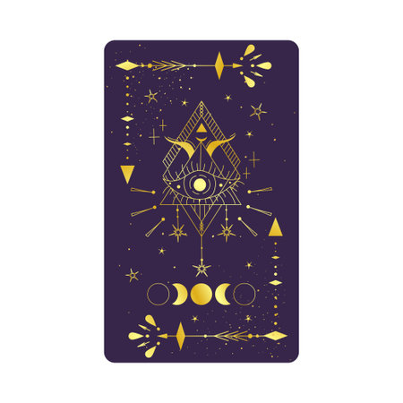 Tarot card gold with mystic eye pyramid isolated. Boho esoteric tarot card with eye and star. Vector illustration. Sacred geometry celestial triangleのイラスト素材
