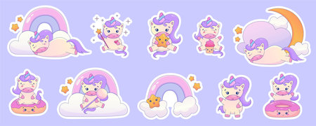 Cute Cartoon Unicorn Kawaii set. Unicorn with donut, rainbow kawaii animal sticker. Magic cute pony. Cartoon vector illustrationのイラスト素材