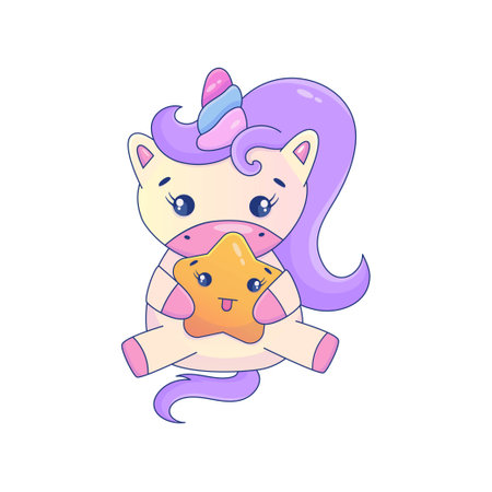 Cute Cartoon Unicorn Kawaii. Unicorn with star kawaii animal sticker. Magic cute pony. cartoon vector illustrationのイラスト素材