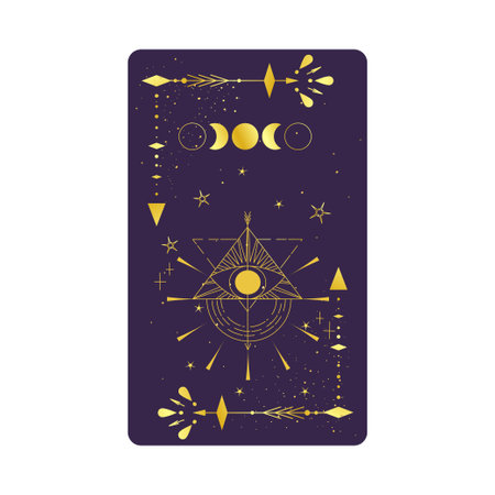 Tarot card gold with mystic eye pyramid isolated. Boho esoteric tarot card with eye and star. vector illustration. Sacred geometry celestial triangleのイラスト素材
