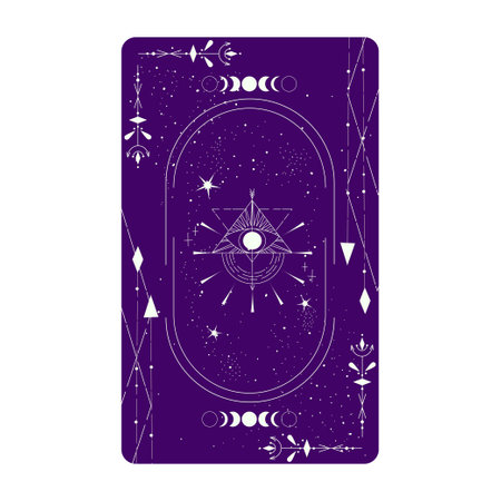 Tarot card with mystic eye pyramid and celestial border. Boho esoteric tarot card with eye and frame. vector illustration. Sacred geometry celestial triangleのイラスト素材