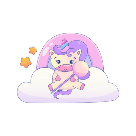 Cute Cartoon Unicorn Kawaii. Unicorn with candy kawaii animal sticker. Magic cute pony. cartoon vector illustrationのイラスト素材