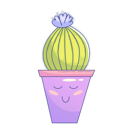 Cute Kawaii Cactus in pot with face. Cute pastel succulent kawaii smaile. Cactus character in pot. Vector graphic illustration.のイラスト素材