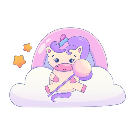 Cute Cartoon Unicorn Kawaii. Unicorn with candy kawaii animal sticker. Magic cute pony. cartoon vector illustrationのイラスト素材