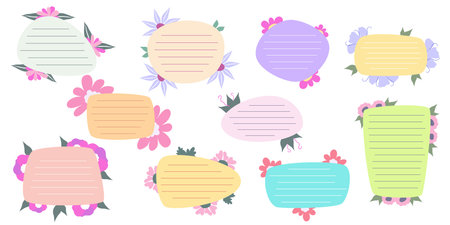 Cute Memo Notebook set with flower paper frame for text. Planner sticker element sticky. Flat vector illustration. Cute note planner page.のイラスト素材