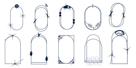 Aesthetic Frame minimal element set. Y2k graphic shape with star and line. Aesthetic vecor illustration. Geometric arch for modern design. Mid Century styleのイラスト素材