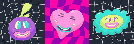 Psychedelic Trippy set poster with funny character. Trippy y2k poster weird template. 90s aesthetic...