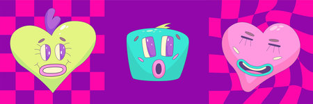 Psychedelic Trippy set poster with funny character. Trippy y2k poster weird template. 90s aesthetic design cool cover. vector illustrationのイラスト素材