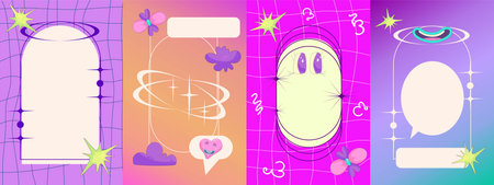 Y2k poster set template. Retro aesthetic 90s with trippy sticker and frame. Y2k template trendy poster. vector illustration.のイラスト素材