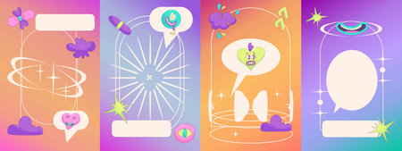 Y2k Gradient Poster set template. Retro aesthetic 90s with trippy sticker and frame. Y2k template...