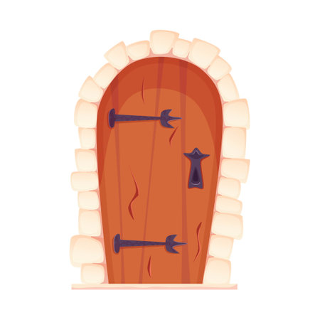 Wooden castle door cartoon vector. Old medieval entrance with stones and iron. The door of the castle in the dungeon or prison for games. cartoon vector illustrationのイラスト素材