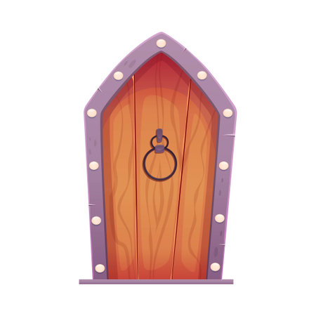 Wooden castle door cartoon vector. Old medieval entrance with stones and iron. The door of the castle in the dungeon or prison for games. cartoon vector illustrationのイラスト素材