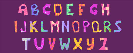 Font funky alphabet for kids. Playful font childish design. Cute letter funky type. cartoon vector illustration. Happy comic bold styleのイラスト素材
