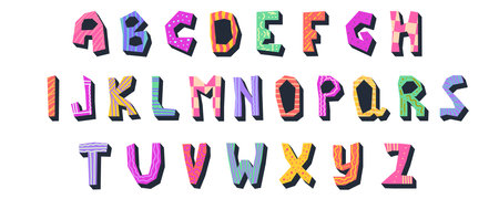 Font funky alphabet for kids. Playful font childish design. Cute letter funky type. cartoon vector illustration. Happy comic bold styleのイラスト素材