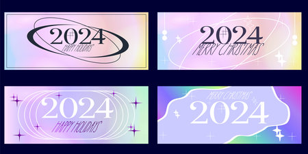 Y2k Christmas aesthetic template set. 2024 New Year gradient background trendy style. Y2k bling element minimalist design. Aesthetic vector illustrationのイラスト素材