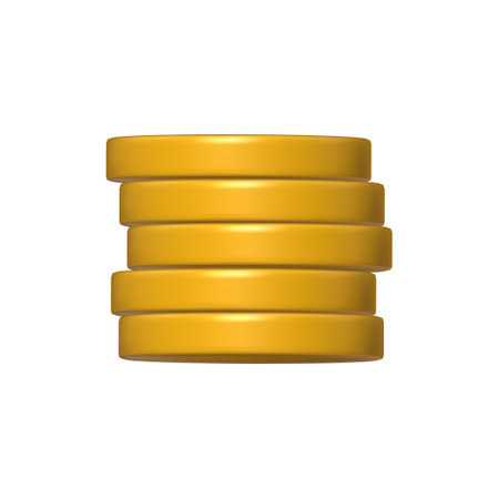 Gold Coin stack 3d render. Game Money pile on white background. Rotating empty coin for game reward and prize. Vector 3d illustration.のイラスト素材