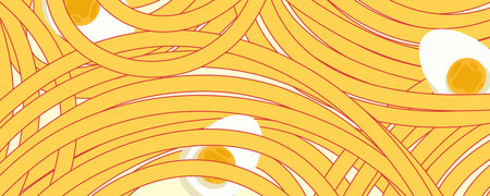 Noodle Ramen Pattern with egg background. Pasta food texture spaghetti geometric. Abstract ramen ornament. Flat vector illustration. Wave texture backgroundのイラスト素材