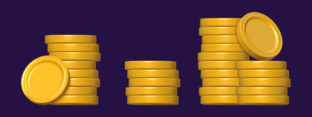 Gold Coin stack set 3d render. Game Money pile on dark background. Rotating empty coin for game reward and prize. Vector 3d illustration.のイラスト素材