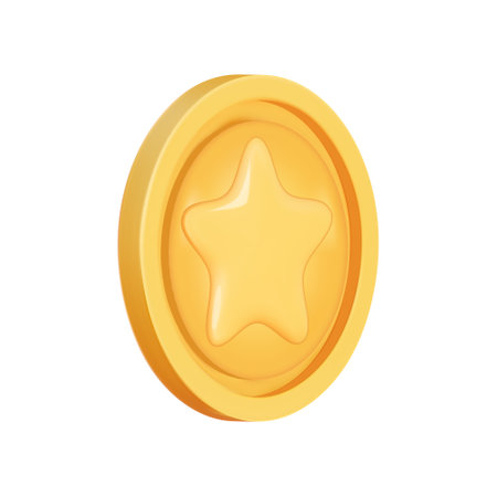 Gold coin 3d render. Game Money on white background. Coin with star for game reward and prize. Vector 3d illustration.のイラスト素材