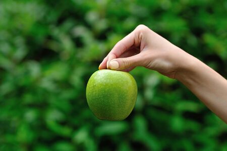 A female hand with green apple.の写真素材