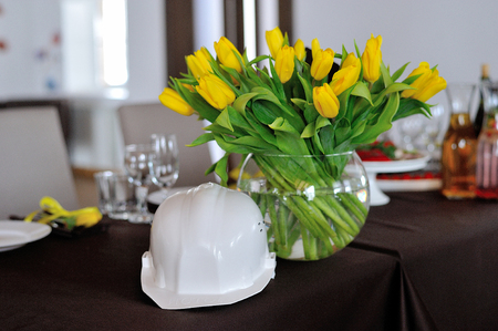 The beautiful decoration of the festive table for guests with flowers.の写真素材